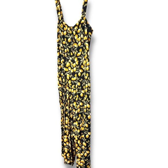 LOFT Black Yellow Lemon Print Jumpsuit Spaghetti Strap Button Up Wide Crop Leg S - Picture 4 of 10